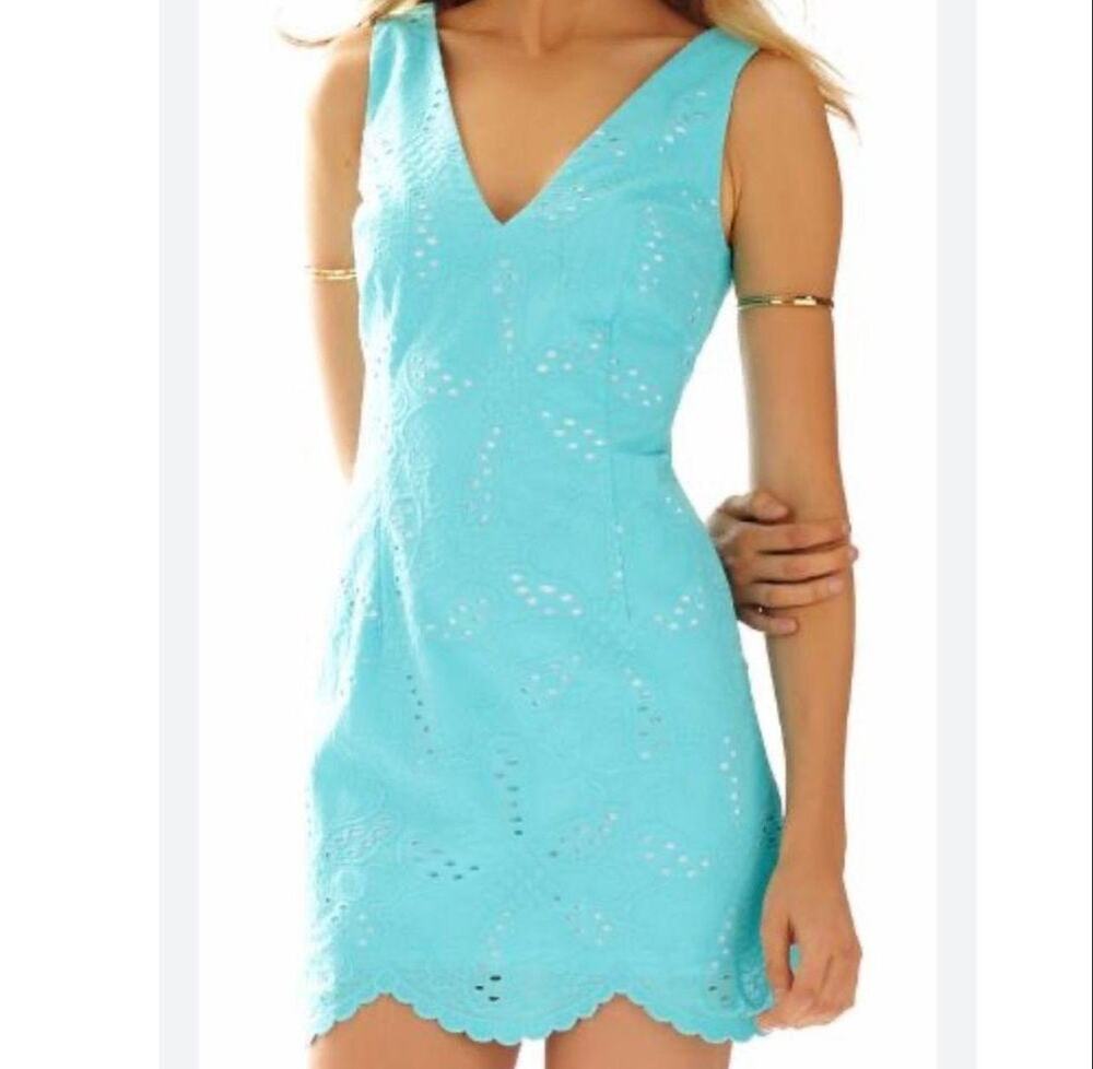 Lilly Pulitzer Madden Eyelet Shift Dress Turquoise Blue Size 8 Preppy Coastal